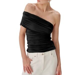 Ronny Kobo Black Ruched One Shoulder Top Size Large NWT‎ Asymmetrical Bodice